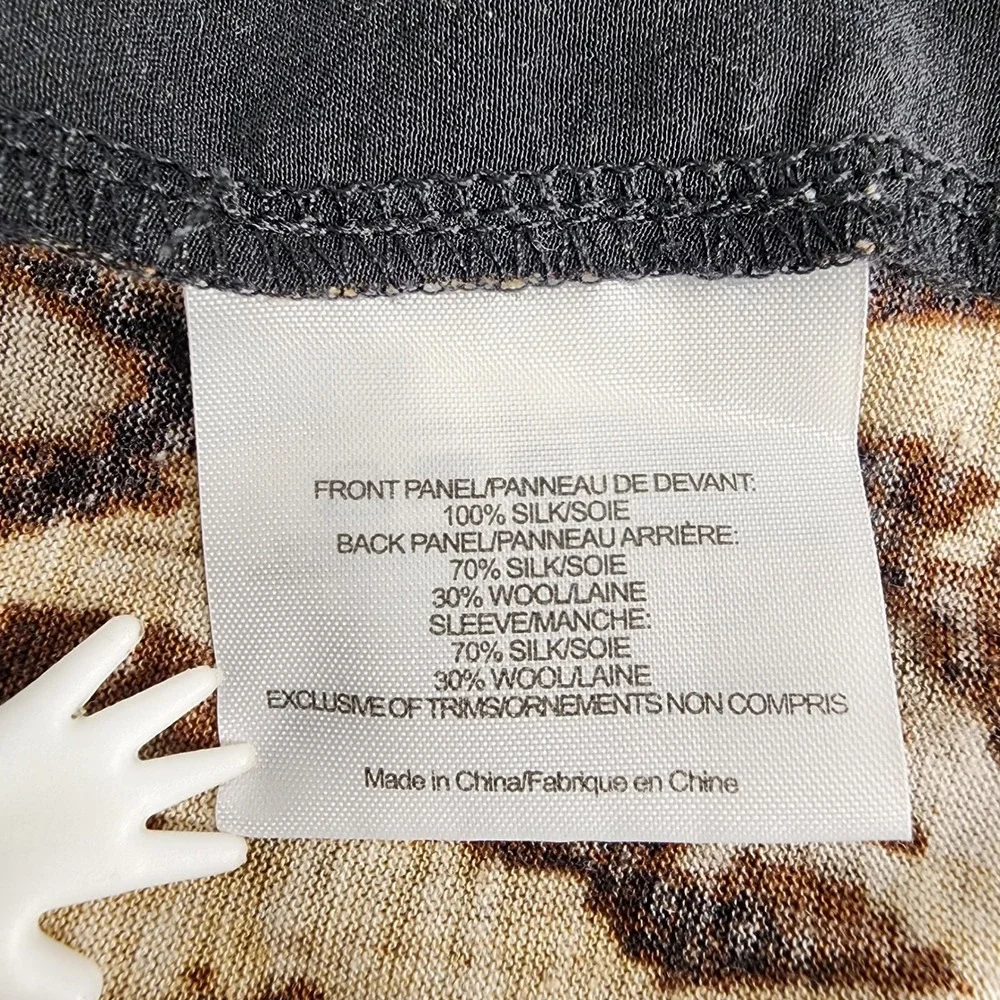 Tory Burch Leopard Print Silk Wool Embellished Tie Neck Top Black Brown Large